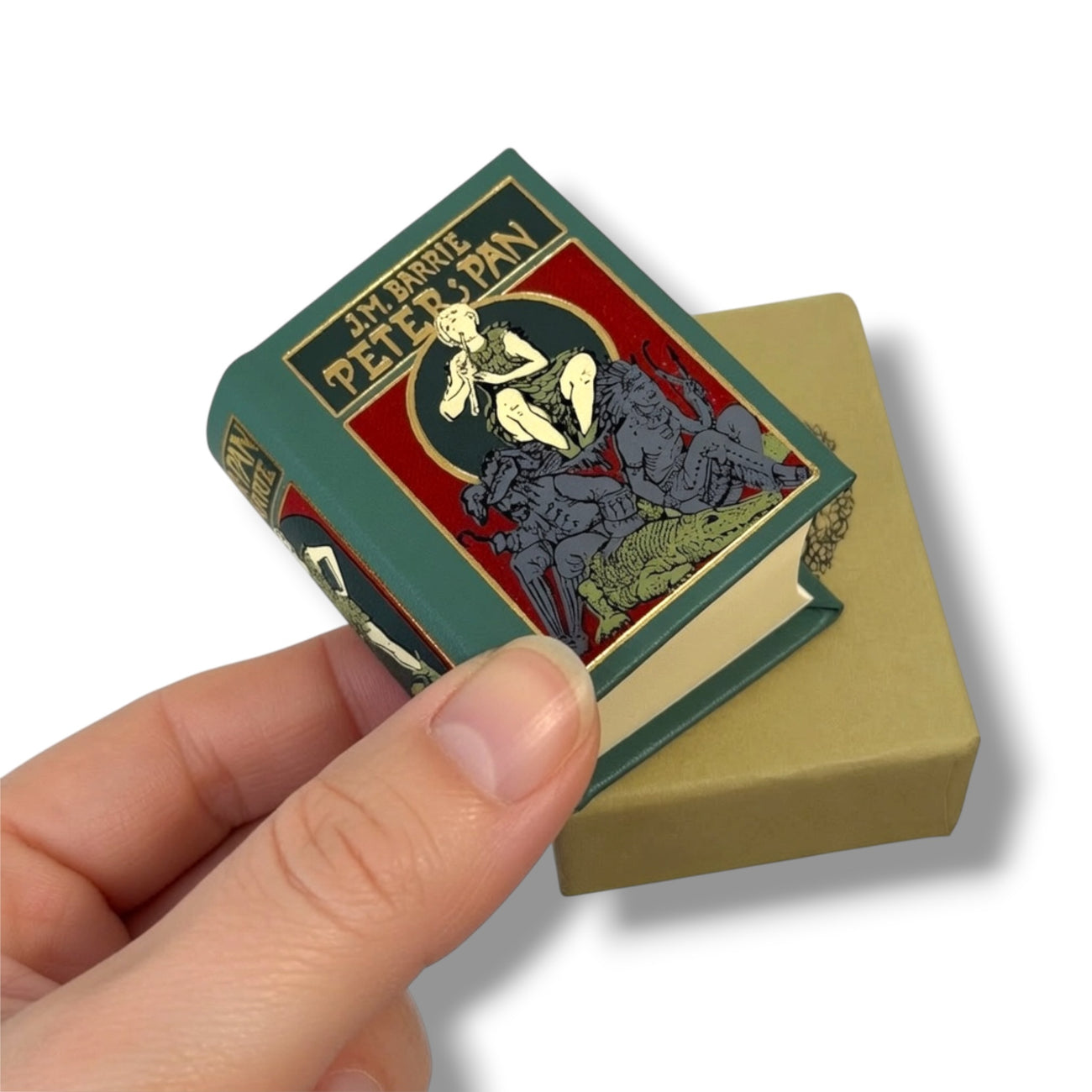 Hand holding a miniature book titled 'Peter Pan' with a colorful cover design.