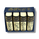Set of four books with decorative covers in a blue box, resembling Jonathan Swift's works. Gulliver's Travels