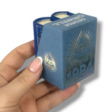 Hand holding a blue book-shaped object with '1984' and an eye symbol on a white background