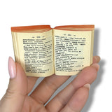 Hand holding a small open book with text on a white background. Lilliput Dictionary