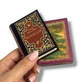Hand holding a miniature book with ornate cover design on a white. Rubaiyyat