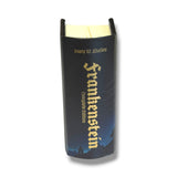 A book-shaped candle holder designed to look like the complete edition of Mary W. Shelley's 'Frankenstein' with a black cover, gold gothic title text, and a pale yellow flame-like top, shown on a white background.