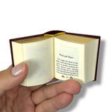 Hand holding a small open book with text on a white background