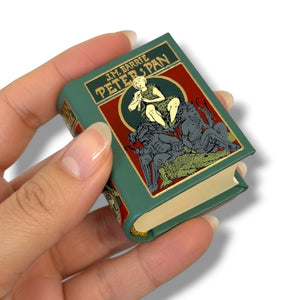 Hand holding a miniature book with a colorful cover featuring text and illustrations.