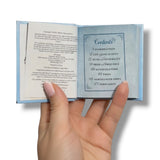 Inside pages of Jane Austen miniature book with character profiles two-color illustrations and novel summaries