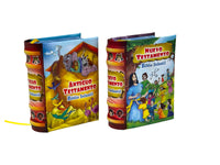 Biblia Infantil set of 2, Antiguo y Nuevo Testamento mini books w/ stand illustr